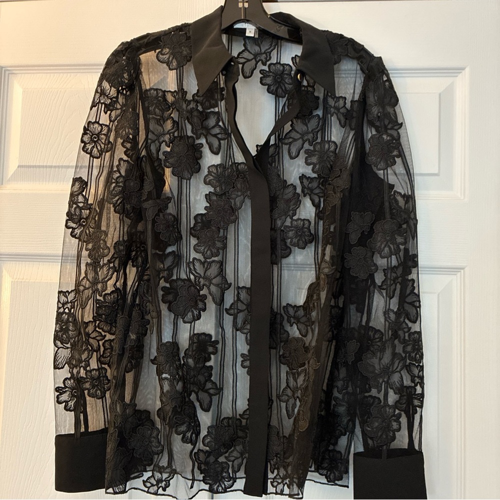 Milly Black Sheer Floral Lace Button-Front Blouse